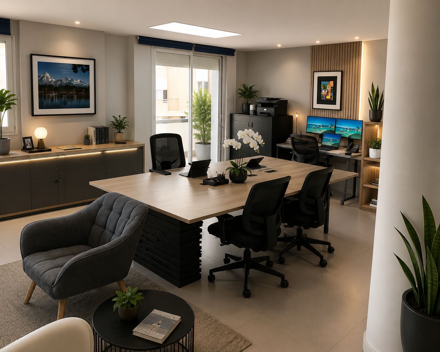 Bitsforbiz project room with a large oak table, ergonomic chairs and a dual-monitor workstation